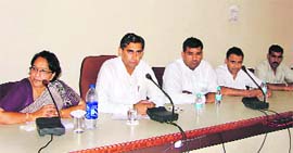 Additional Deputy Commissioner Sumedha Kataria (extreme left) and zila parishad president Praveen Chaudhary address a press conference at the mini-secretariat, Kurukshetra.