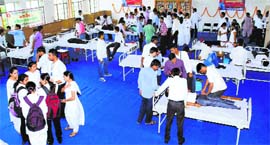 Students donate blood at a camp organised at Jan Nayak Chaudhary Devi Lal Vidyapeeth in Sirsa.