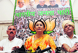 BJP general secretary Kiran Maheshwari addresses a press conference at the party office in Jammu on Thursday