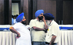 SAD Mayoral candidate Pal Singh Grewal (centre) along with other party leaders after attending a meeting in Ludhiana on Thursday. Tribune photo: Himanshu Mahajan 