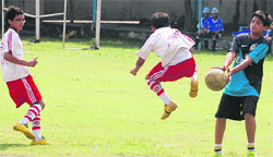 Players in action during the Inter-School Zonal Football Tournament (boys U-19) in Ludhiana on Thursday. Tribune photo: Himanshu Mahajan