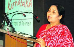 G Latha Krishna Rao, Principal Secretary, Department of Tourism, Karnataka Government, addresses mediapersons in Amritsar on Friday.
