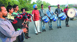Members of the Singh Pipe Band practice in Bathinda on Friday. Tribune photo: Pawan Sharma