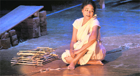 Well-known actor Seema Biswas performs during a play at the Tagore Theatre in Chandigarh on Friday.