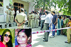Cops inspect the victims (inset) house at Rohini in New Delhi