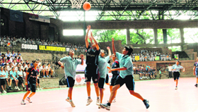 Players in action during a match in the All-India Girls' Basketball Tournament at Welham Girls' School in Dehradun on Friday.