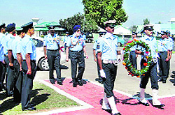 Marshal of the Air Force Arjan Singh during the wreath-laying ceremony at the Srinagar Air Force station