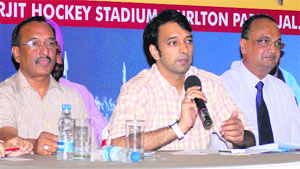 Deputy Commissioner Priyank Bharti holds a press conference regarding the forthcoming Surjit hockey tournament in Jalandhar on Friday.