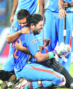 Yuvraj Singh, Player of the Tournament, cant hold back his tears after India won the World Cup last year