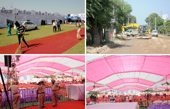 The venue of the Mega Medical Check-up Camp to be held at Badal village on September 23 being spruced up on Saturday; the Bathinda-Badal road being levelled; and shamianas being raised for the convenience of visitors to the camp. Patients from the region are expected to attend the mega medical camp. Tribune photographs