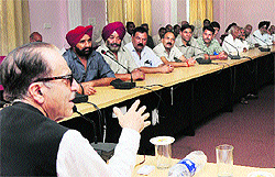 PCC chief Saifuddin Soz with delegations of refugee organisations at Gandhi Nagar in Jammu on Saturday