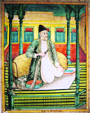 Portrait of Mirza Ghalib, by an unknown artist. Opaque watercolour on paper; ca 1850. Red Fort Museum, New Delhi