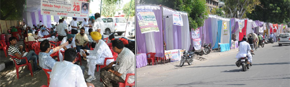 Supporters of a candidate for the PU senate get together near the polling booth set up at Government Rajindra College in Bathinda on Sunday; and a queue of tents pitched by supporters of different candidates, near MSD School.