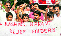 Kashmiri Pandits under the banner of All Kashmiri Migrants Relief Holders hold a protest in Jammu on Sunday