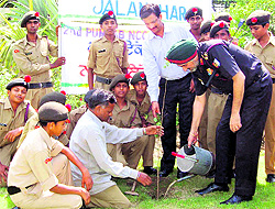 GPS Sandhu, Group Commander, NCC, during a tree plantation drive at Cantonment Board School in Jalandhar