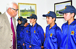 Governor NN Vohra interacts with students from Kargil at Raj Bhavan in Srinagar on Sunday