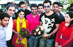 Actress Neeru Bajwa and actor Gavie Chahal in Ludhiana on Sunday