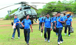 The Sri Lanka team arrives in an Air Force helicopter in Hambantota ahead of the ICC Twenty20 World Cup. 