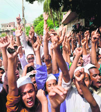 Protesters at a rally in Dhaka. 