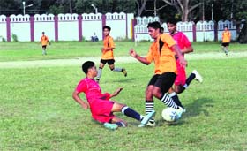 A match in progress during the Lala Nemi Dass Memorial Football Tournament in Dehradun on Monday
