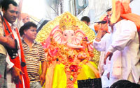 A Ganesh idol being taken out during a procession in Rajouri.
