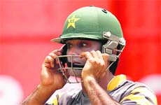 Pakistan's captain Mohammad Hafeez wears during a practice session ahead of their match against Bangladesh.
