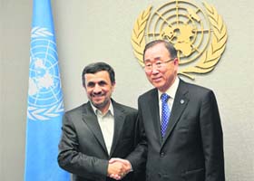 President Mahmoud Ahmadinejad (L) of Iran shakes hands with UN Secretary General Ban Ki-Moon at the UN headquarters in New York