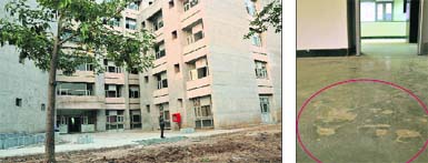 The entry gate of the new OPD building of the GMSH is at some distance from the road, causing inconvenience to patients; and (right) a damaged floor at the OPD. 