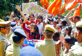 The ABVP protests against the outcome of the recently concluded DUSU elections at the Arts Faculty on Tuesday. The party has alleged partiality as the NSUI won three of the four seats while there was a tie for the fourth one.