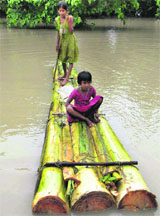 Children use a raft to move in a flooded area near Mayong in Moriagaon district of Assam on Tuesday.