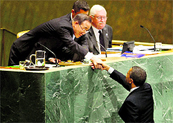 President Barack Obama shakes hands with UN Secretary General Ban Ki-Moon before addressing the 67th session of the General Assembly at the United Nations headquarters on Tuesday