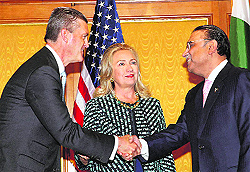 Secretary of State Hillary Clinton introduces newly appointed US Ambassador to Pakistan Rick Olson to Pakistan President Asif Ali Zardari in New York