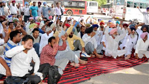 Members of the PRTC employees union stage a dharna in Bathinda on Wednesday. 