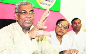 Newly appointed president of the state unit of the Samajwadi Party SN Sachan addresses a press conference in Dehradun on Wednesday. 