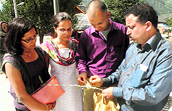 Agricultural experts of CSK Agricultural University show a farmer an apple twig infested with woolly aphids