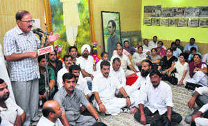 NC leader Sheikh Mustafa Kamaal addresses party workers in Jammu on Wednesday.
