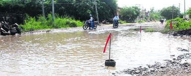 Residents and traders erect red flags to caution motorists about the damaged Jandu Singha-Adda Hoshiarpur road in Jalandhar. Tribune Photo: Malkiat Singh
