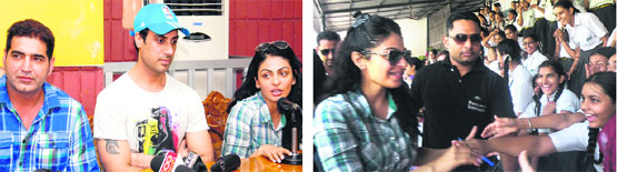Actors Neeru Bajwa, Gavie Chahal and KS Makhan during the promotion of their upcoming Punjabi film "Pinky Moge Wali"; and (right) Neeru Bajwa interacts with schoolchildren in Jalandhar on Wednesday. Tribune Photos: Malkiat Singh