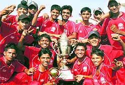 Students of Kiddys Corner School, Gwalior, in jubilant mood after winning the Bhai Gobind Singh Pasricha Memorial 13th Inter-School Cricket Tournament held in Jalandhar on Thursday