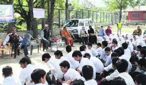 Students of Government Secondary School, Binner, during a drug abuse awareness programme in Baramulla on Wednesday. 