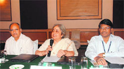 Reserve Bank of India Banking Lokpal Madhavi Sharma addresses a press conference in Dehradun on Friday. A Tribune photograph
