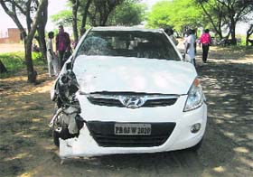 The ill-fated car and  after a collision near Peepli village in Sirsa on Friday.
