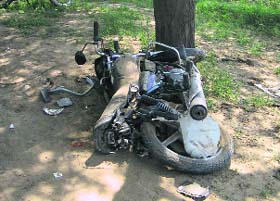 The ill-fated motorcycle after a collision near Peepli village in Sirsa on Friday. A Tribune photograph