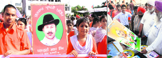 (Left) Youths celebrate the 105th birth anniversary of Bhagat Singh at the Desh Bhagat Yadgaar Hall; and people buy posters of the martyr in Jalandhar on Friday. 