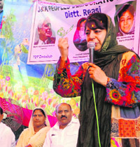 PDP president Mehbooba Mufti addresses a public rally at Pouni on Friday. 