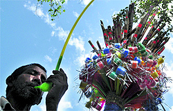 A toy seller at the mela.