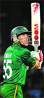 Umar Gul hits a shot during his match-winning innings against South Africa on Friday