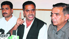 All J&K Panchayat Conference president Shafiq Mir addresses mediapersons in Jammu on Saturday. Photo: Inderjeet Singh
