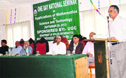Prof Irshad Ahmed Hamal, vice-chancellor, Baba Ghulam Shah Badshah University, addresses a gathering during a function in Jammu on Saturday. A Tribune Photograph