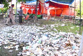 Disposable plates lie scattered near the Sodal mela site in Jalandhar on Saturday.